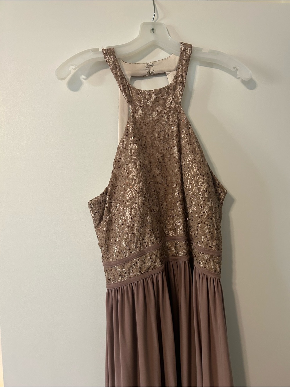Taupe Lace Halter Evening Dress